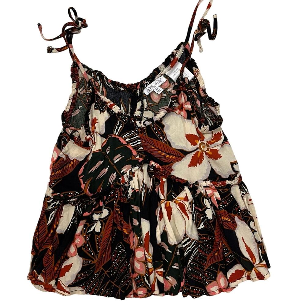 Patrons Of Peace Junior's XS Tropical Floral Print Tie Strap Babydoll Tank Top
